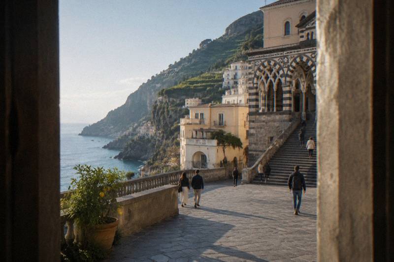 Amalfi harbour below lemon terraces and limestone cliffs
