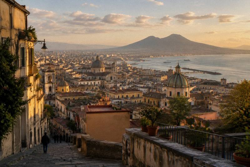 The old-town skyline of Naples with Vesuvius beyond the bay