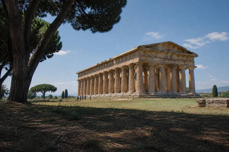 A Greek temple of heavy columns standing in a field at Paestum