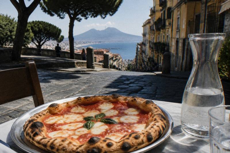A blistered margherita pizza on a simple table in Naples