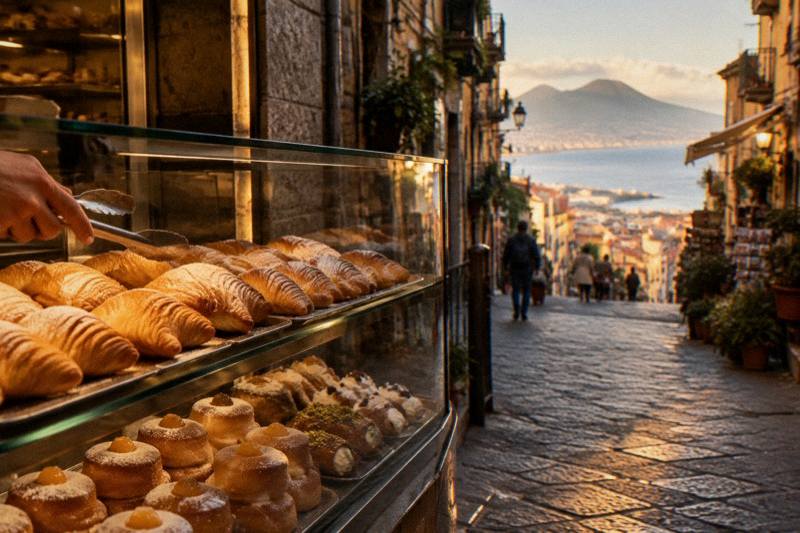A glass counter of golden pastries in a Naples bakery