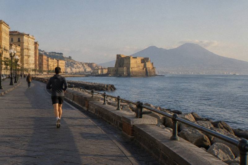 The Naples seafront with a castle on a rock and Vesuvius across the bay