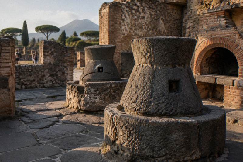 Round lava-stone mills and a brick oven in a Roman bakery at Pompeii