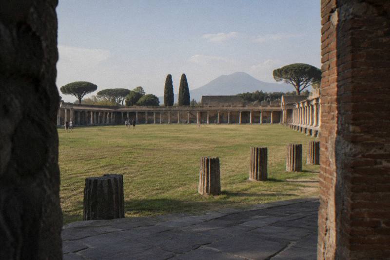 The wide grassy exercise ground of the Large Palaestra at Pompeii