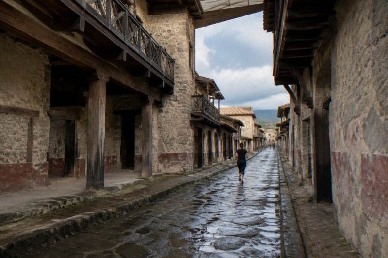 An ancient street in Herculaneum with preserved upper floors