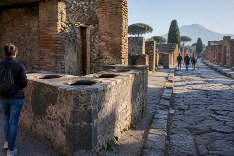 A Roman street-food counter with round openings on a Pompeii corner