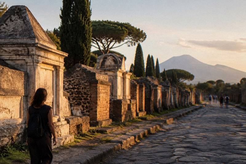 Stone tombs lining the road outside a gate at Pompeii in late light