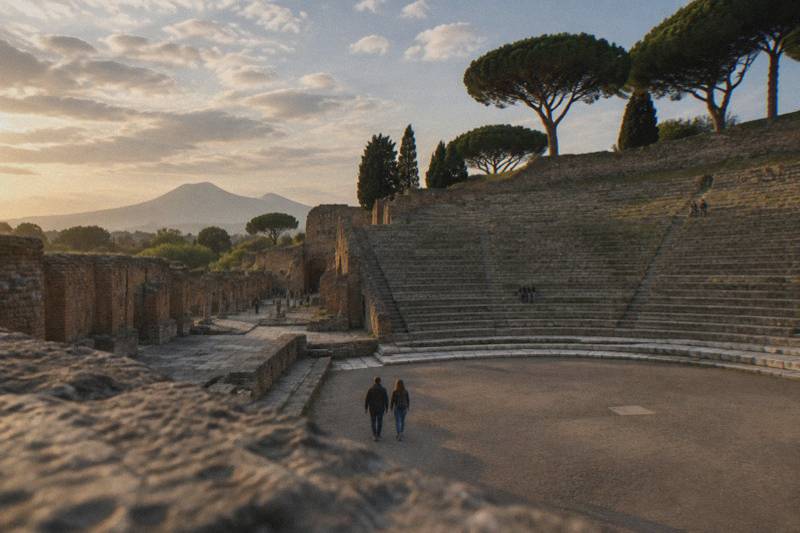 The tiered stone seating of the ancient theatre at Pompeii