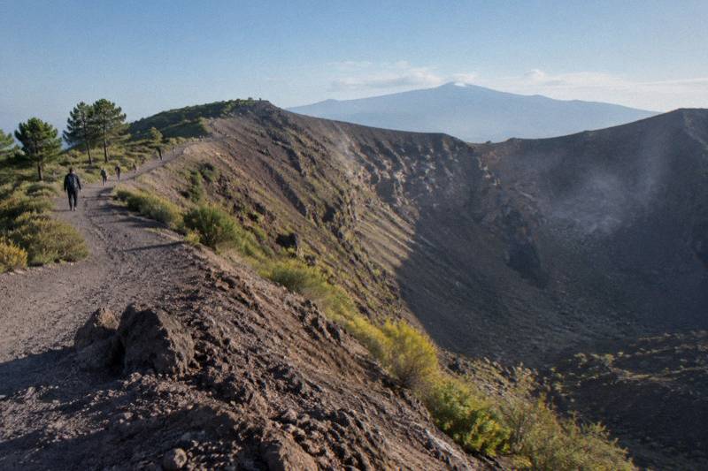 The cinder rim of the Vesuvius crater with a path along the edge