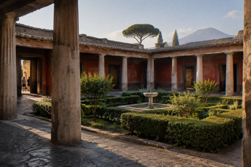 A columned garden court inside a Pompeii house