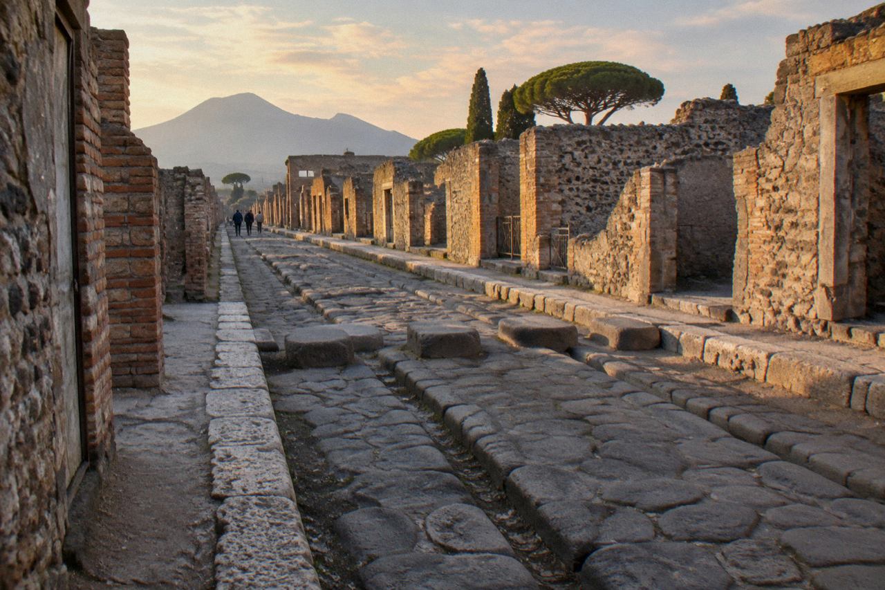 Stone-paved ancient street in Pompeii with worn cart ruts under open sky