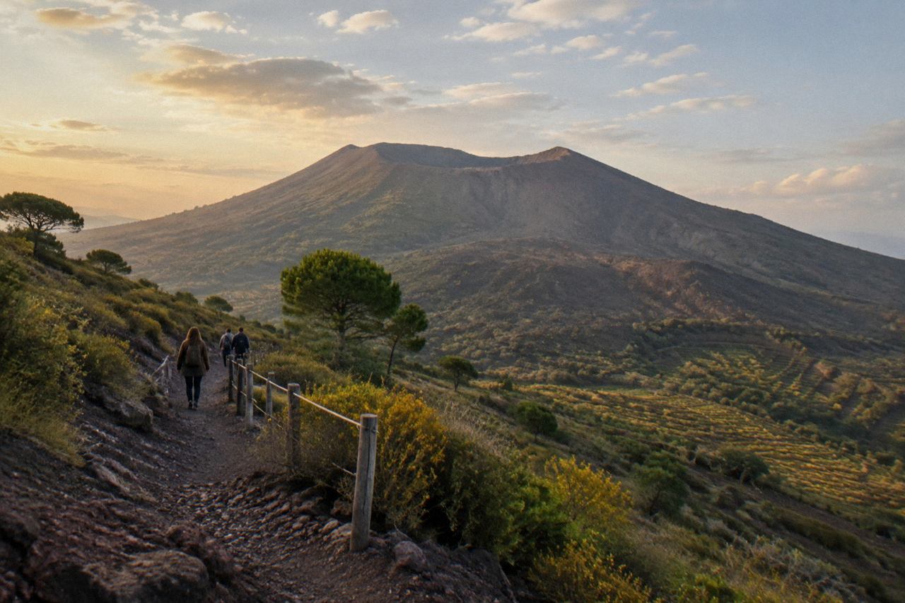 Winding road climbing the pine-covered slopes of Mount Vesuvius toward the crater rim