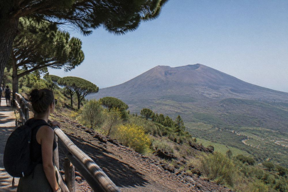 Signposted crater trail zigzagging up the ash slopes of Vesuvius