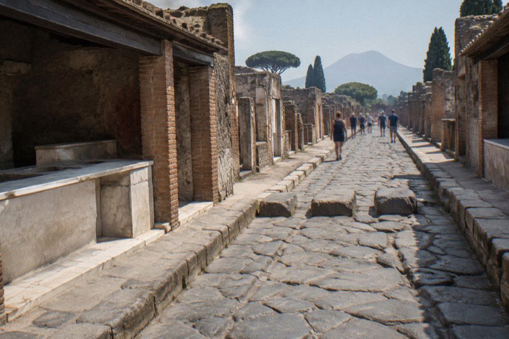 Ancient stone street in Pompeii with worn stepping stones and ruined walls under a clear sky