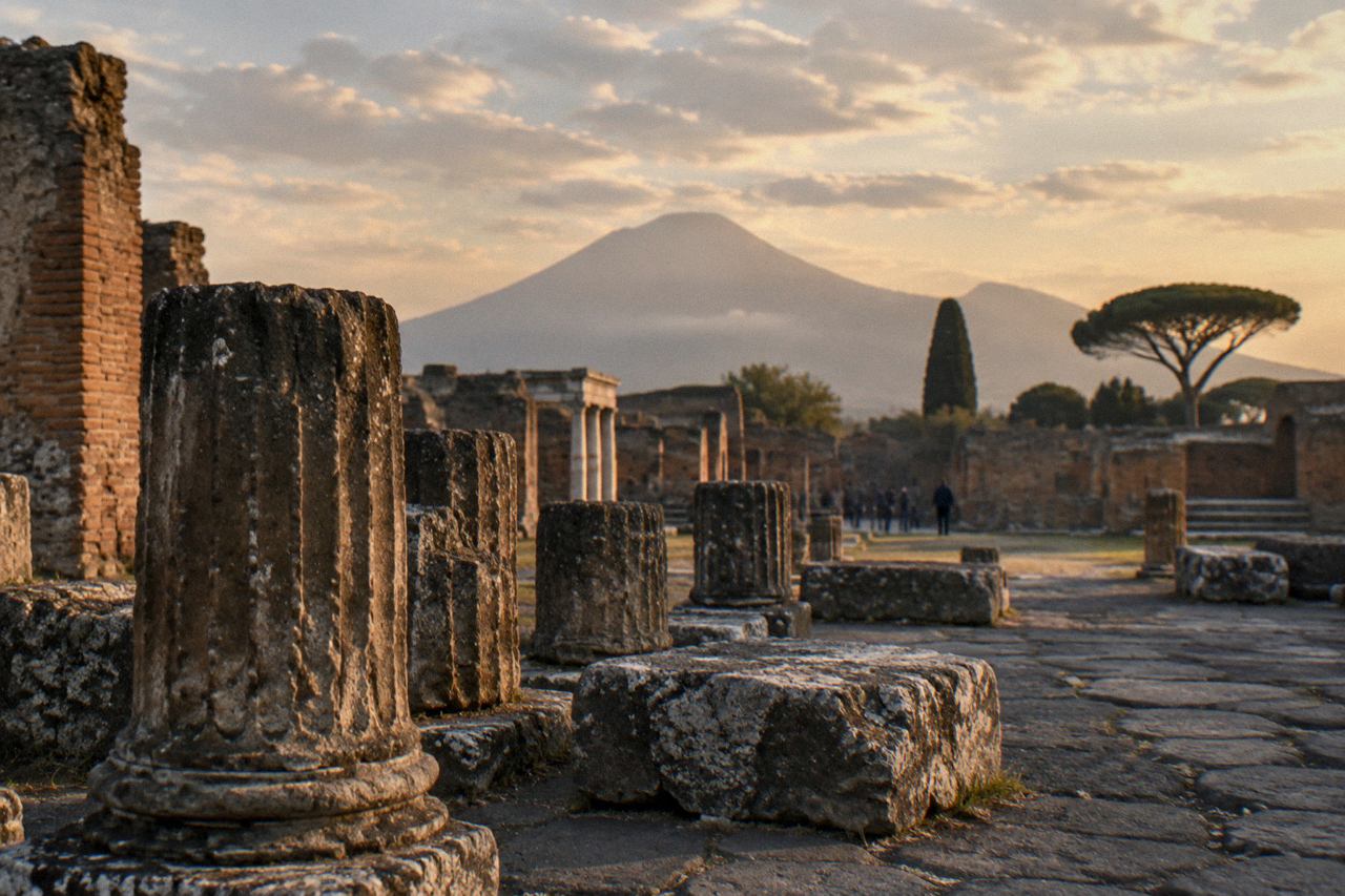 Stone gate of the ancient city of Pompeii with Vesuvius rising in the background