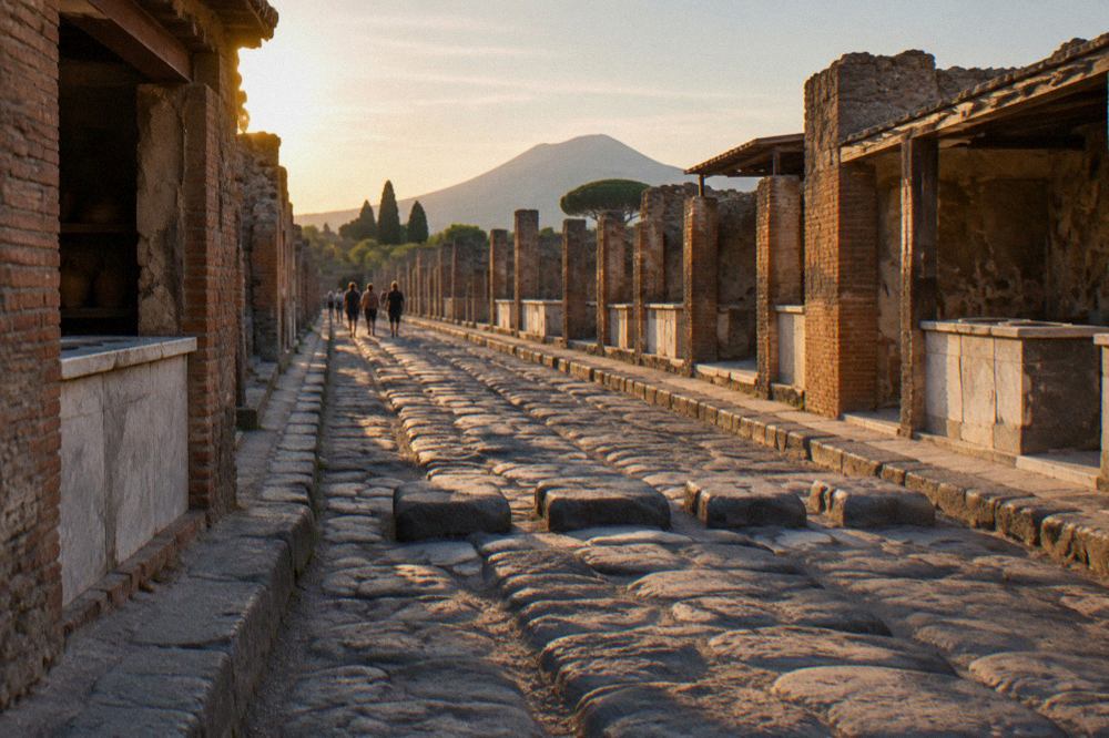 Aerial view of the ancient city of Pompeii ruins with Mount Vesuvius in the background, showing the excavated streets and houses under a clear sky