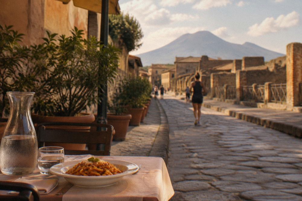 Empty stone street in the ruins of Pompeii with Vesuvius rising on the horizon under a clear sky