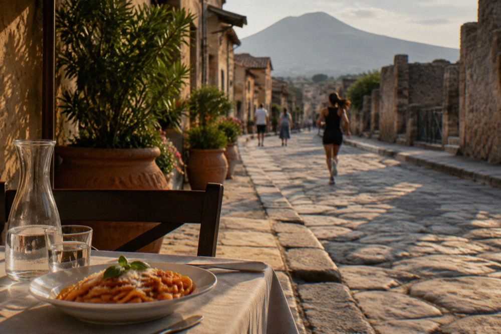 Rows of stone blocks and partially excavated walls along an ancient Pompeii street in afternoon light