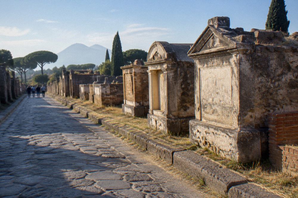 Sunlit stone street in the excavated Roman city of Pompeii with ancient walls and Mount Vesuvius on the horizon.