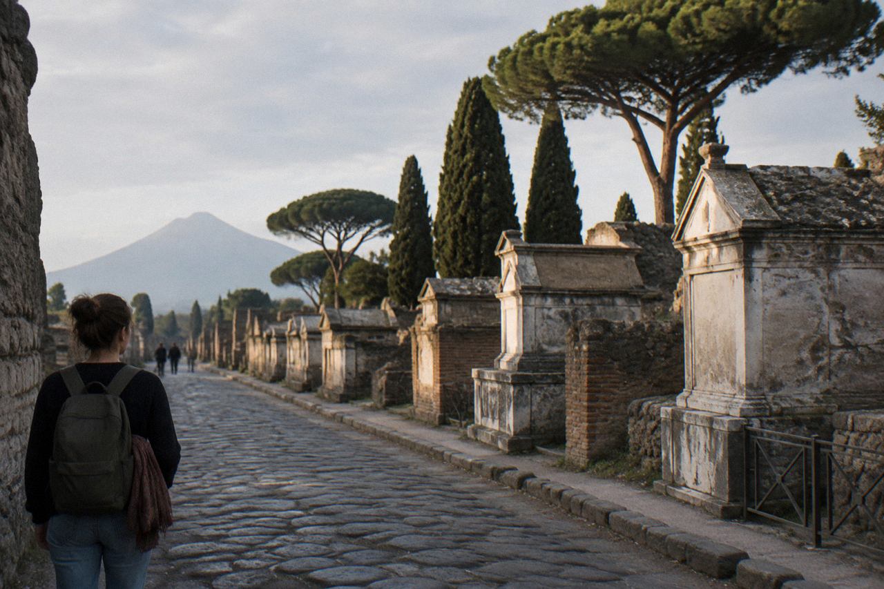 Sunlit Roman stone street with worn wheel-rutted paving under a clear sky at Pompeii