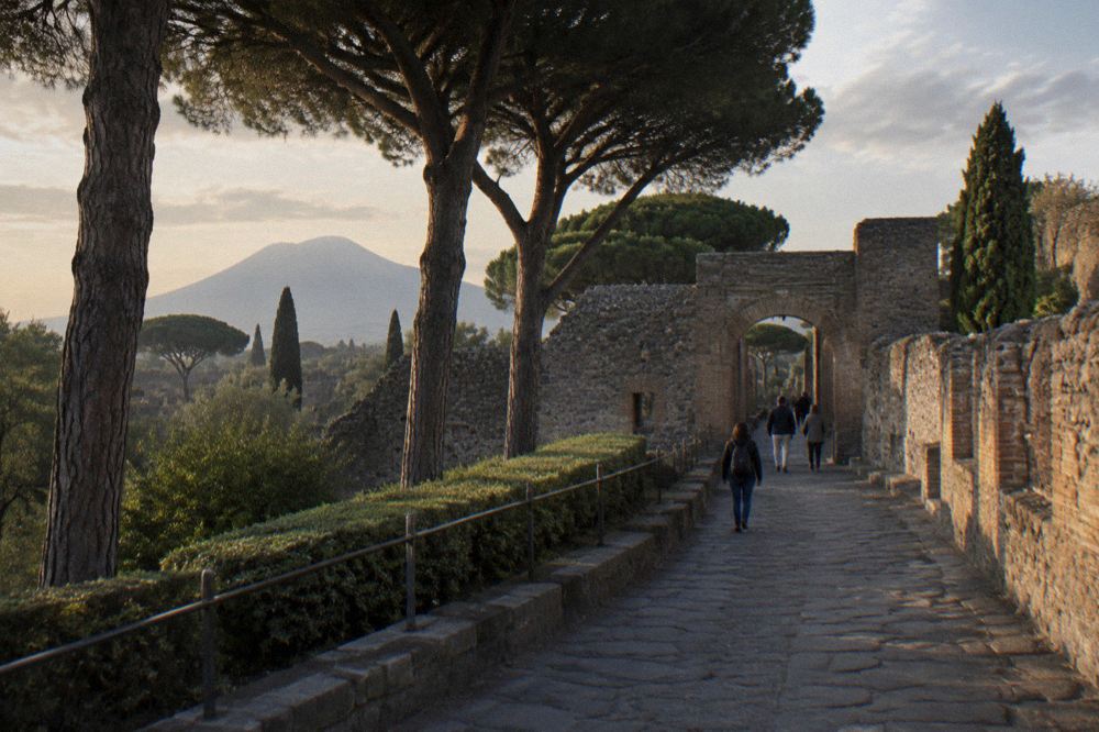 A single-track rail line curving past residential buildings and green hills near the Vesuvius area