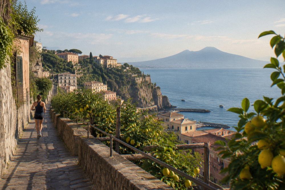 The cliffside town of Capri above a calm blue bay with small boats near the shore