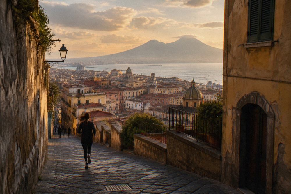The excavated stone streets of Pompeii with Mount Vesuvius rising in the background under a clear sky