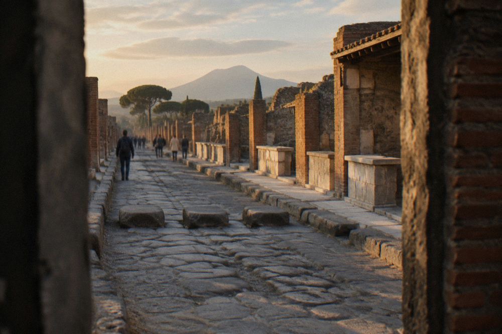 A cinder walking path climbing the flank of Vesuvius, with loose grey volcanic gravel and low scrub on either side