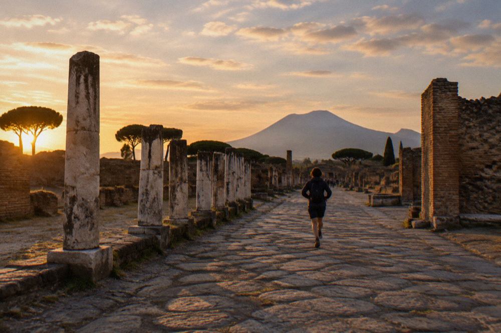 Ancient stone-paved street and ruined buildings in Pompeii under a blue sky