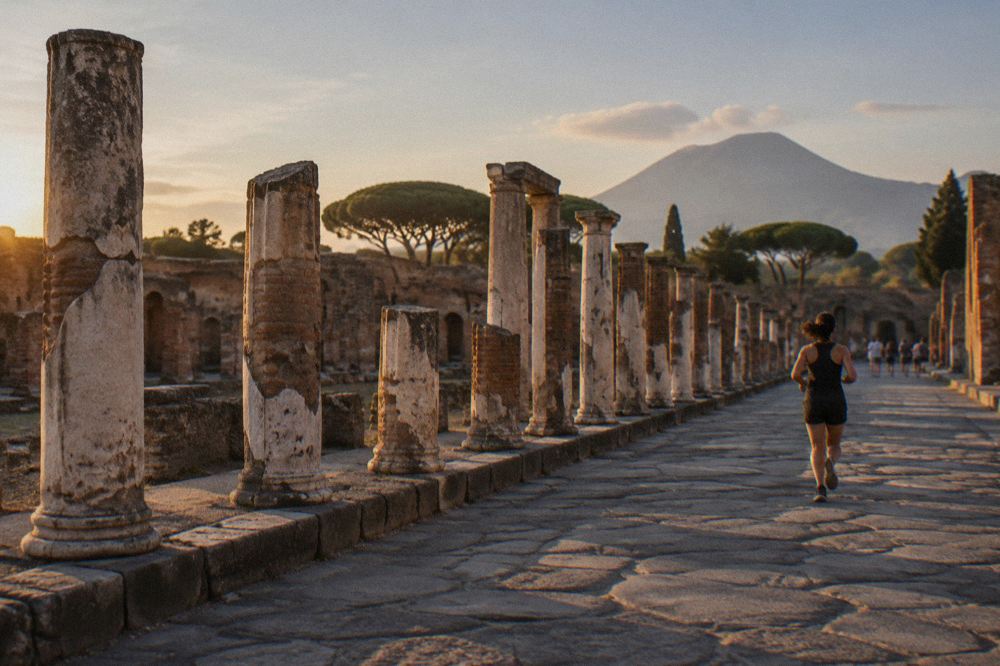 Weathered stones and a warning sign at the Pompeii archaeological park