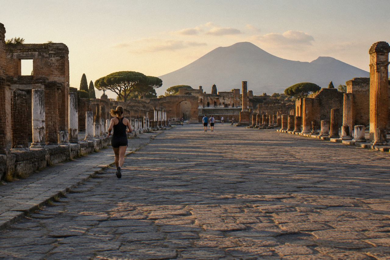 Ancient stone-paved street and ruined buildings in Pompeii under a blue sky