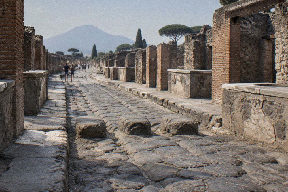 Worn Roman paving stones crossed by raised stepping stones in a Pompeii street