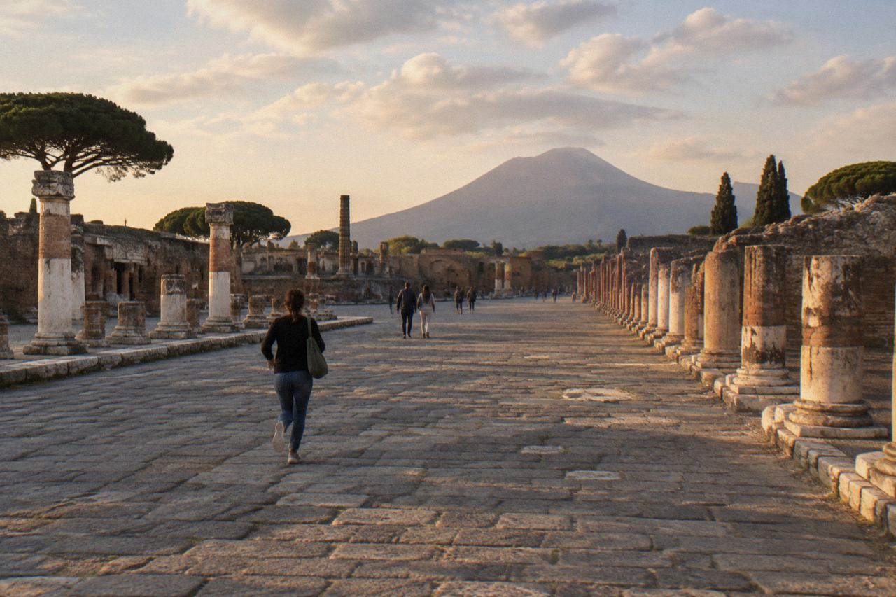 Ancient stone street in Pompeii with worn paving stones and ruined walls under a clear sky