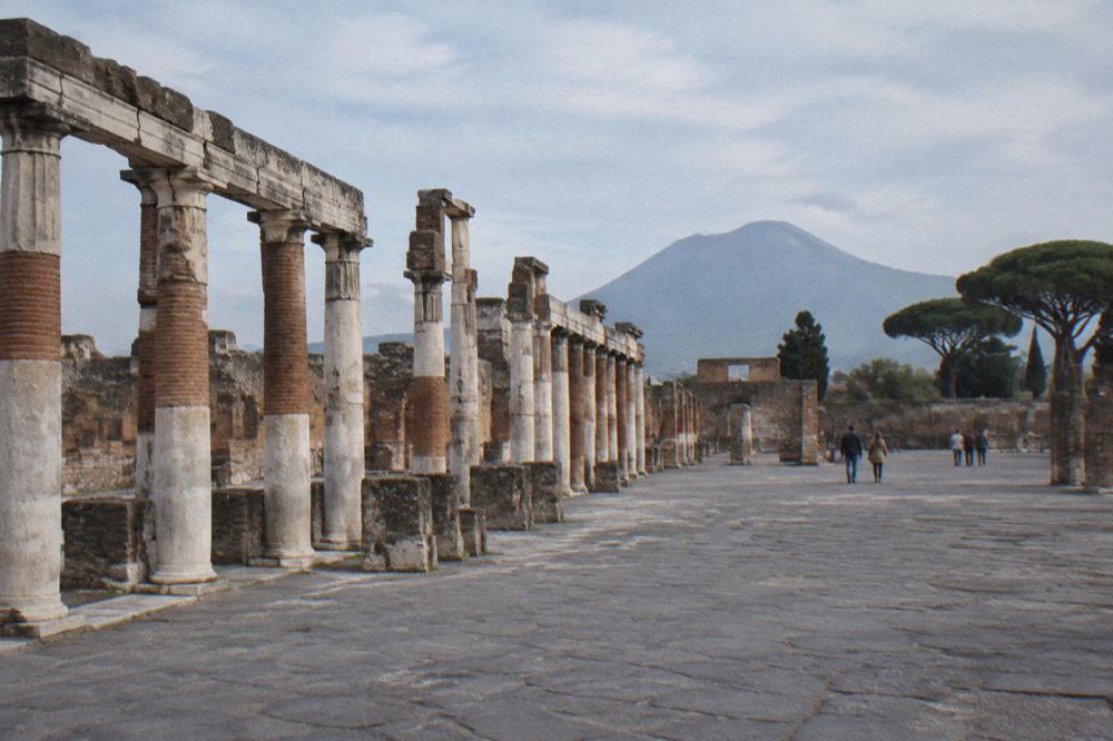 Frescoed walls inside a Roman villa at the Pompeii archaeological park