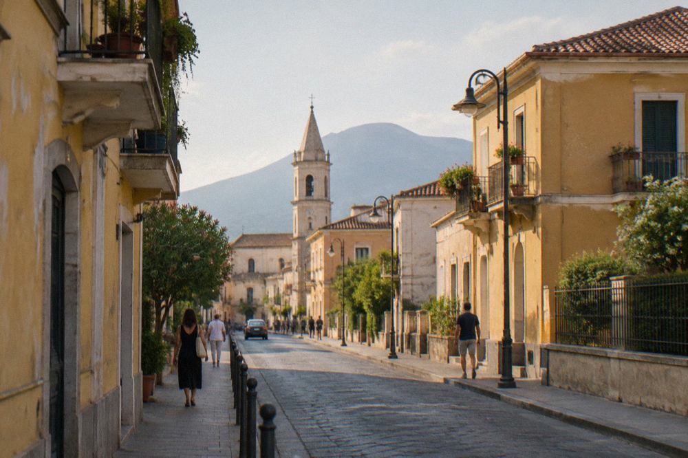 The ancient stone street of Pompeii with Mount Vesuvius rising in the background at golden hour