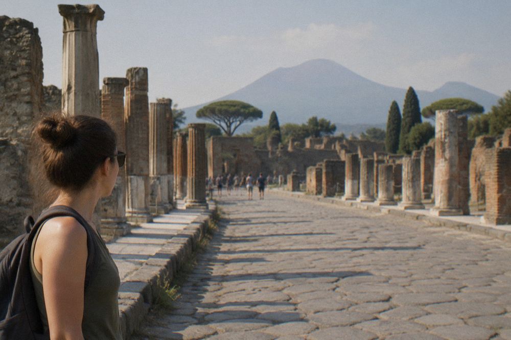 The Circumvesuviana train at Pompei Scavi-Villa dei Misteri station with the archaeological park entrance visible in the background