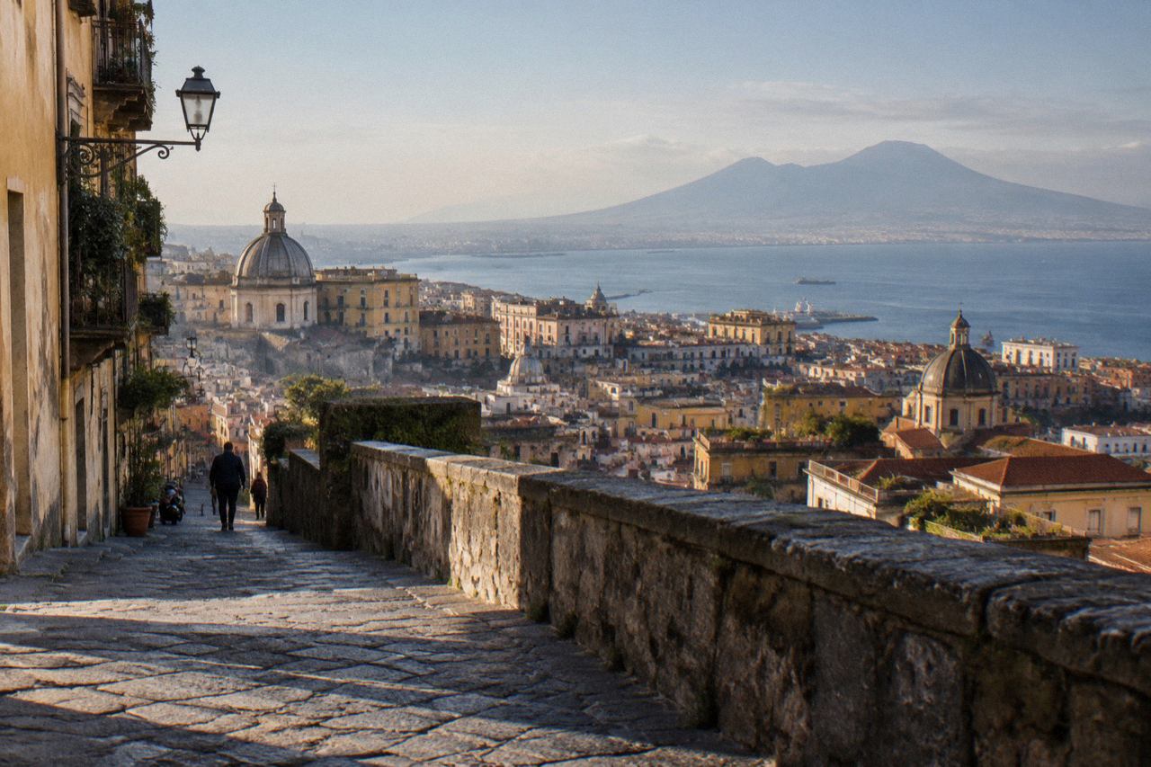 Aerial view of the Pompeii archaeological site with Mount Vesuvius in the background and the Bay of Naples beyond
