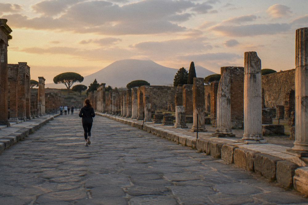 Stepping stones crossing a worn stone street in Pompeii with plaster casts of walls on either side
