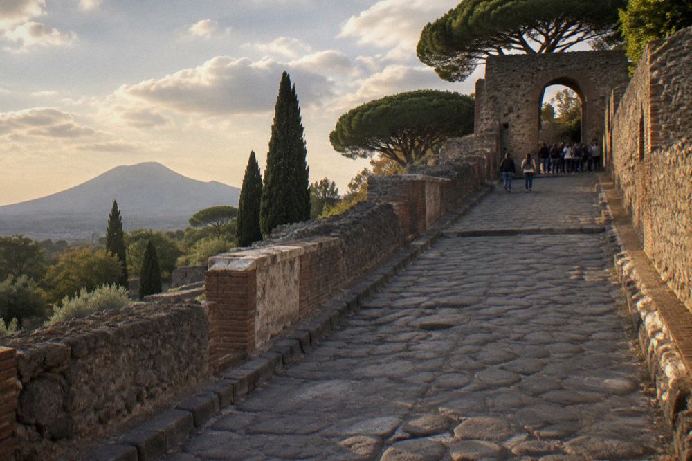 Parked cars along a tree-lined street beside the old stone walls of the Pompeii excavations