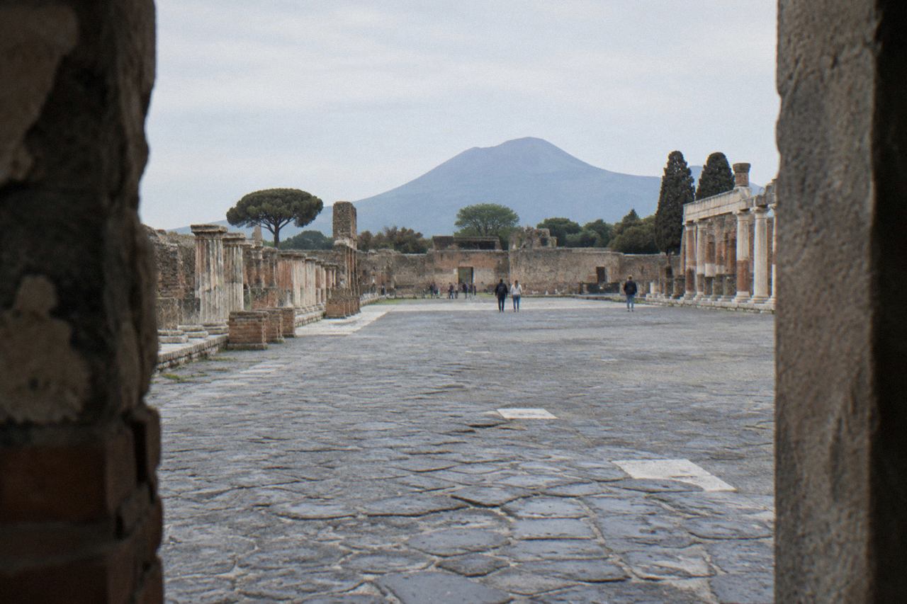 The slopes and summit crater of Mount Vesuvius above the Bay of Naples on a clear morning