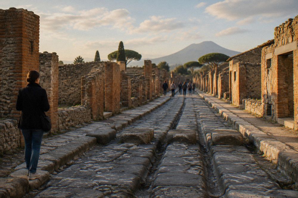 Weathered plaster fragments displayed on stone within the excavated site of Pompeii