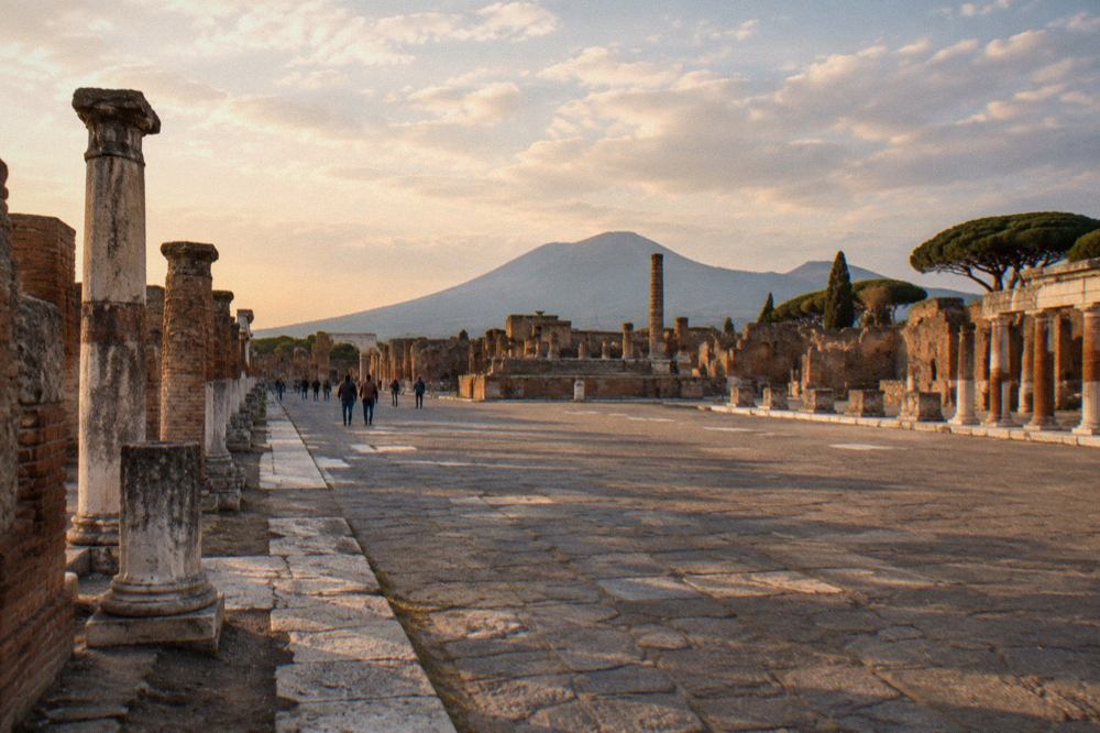 Plaster casts of Pompeii victims displayed inside the archaeological park of Pompeii