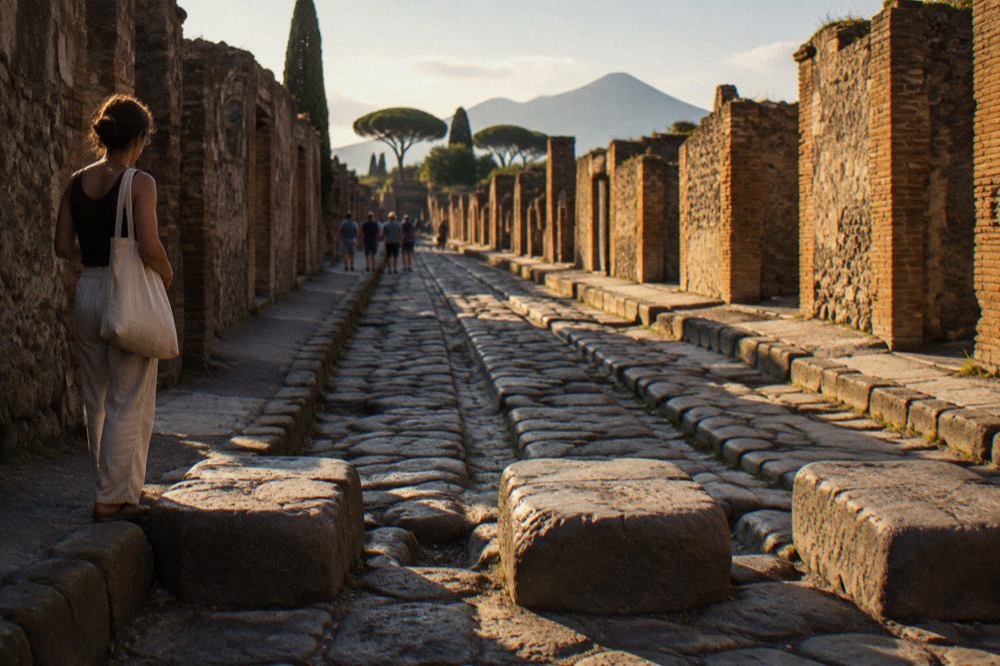 Roman stone columns standing among the excavated ruins of Pompeii under a clear sky