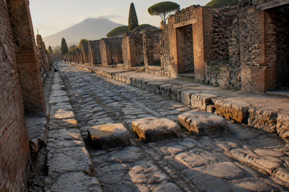 Rows of grapevines growing on the dark volcanic slopes of Mount Vesuvius