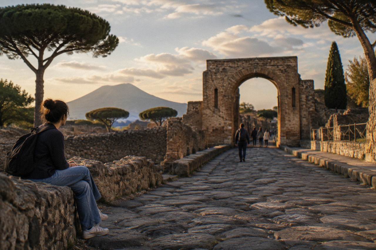 Stack of books on a stone bench beside an ancient Roman frescoed wall