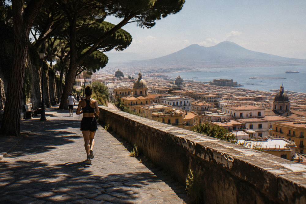 The Roman forum of Pompeii with stone columns and Mount Vesuvius rising in the background under a clear sky