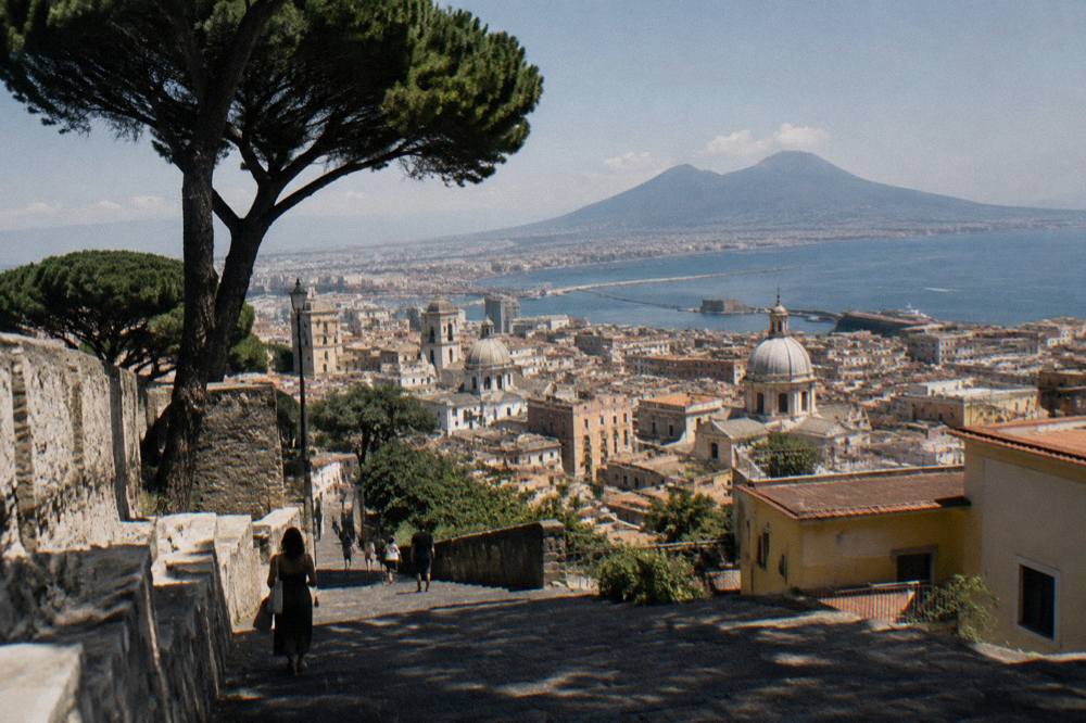 The Bay of Naples seen from the seafront promenade with Vesuvius on the horizon