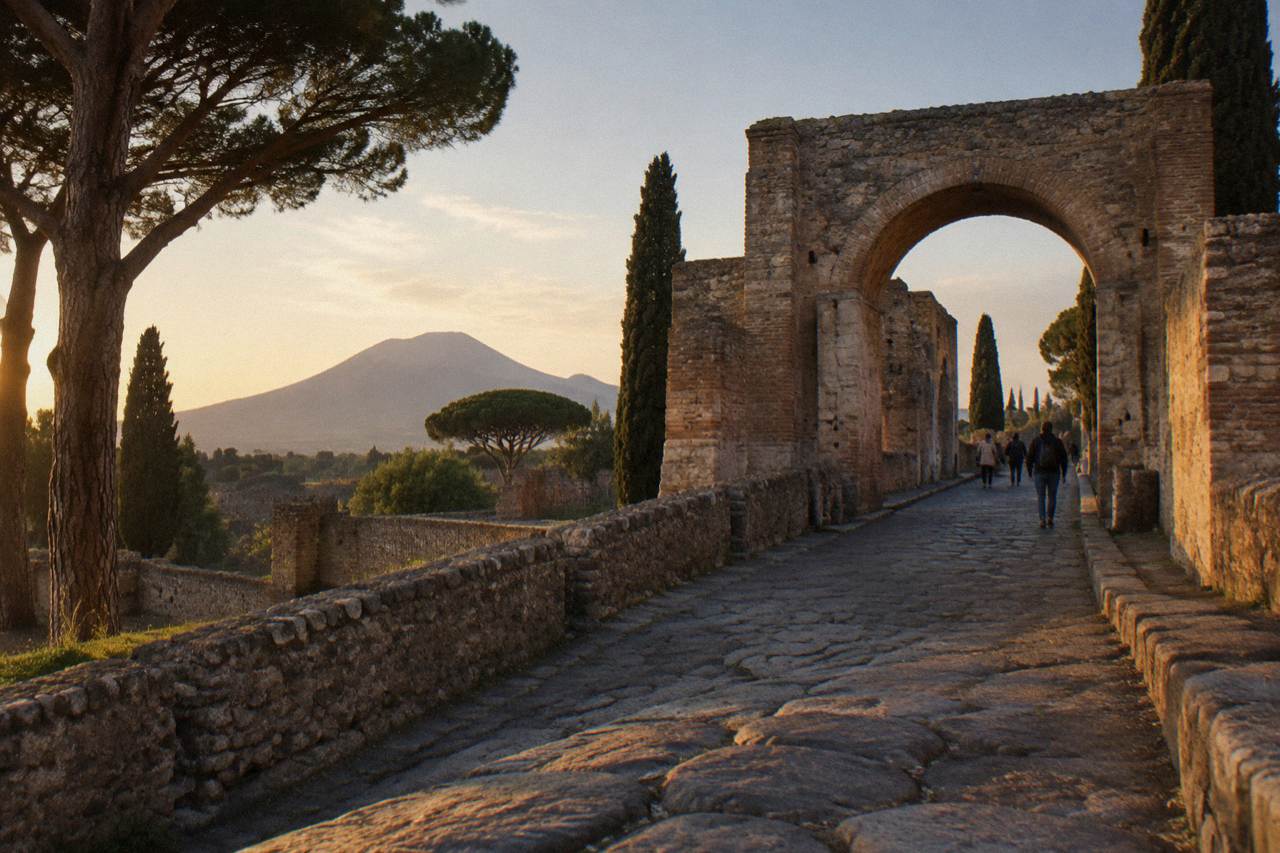 Ancient stone street in Pompeii with worn paving stones and ruined walls under a clear sky
