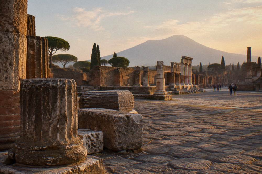 Ancient stone-paved street in Pompeii with wheel-worn ruts and ruined walls under a clear sky