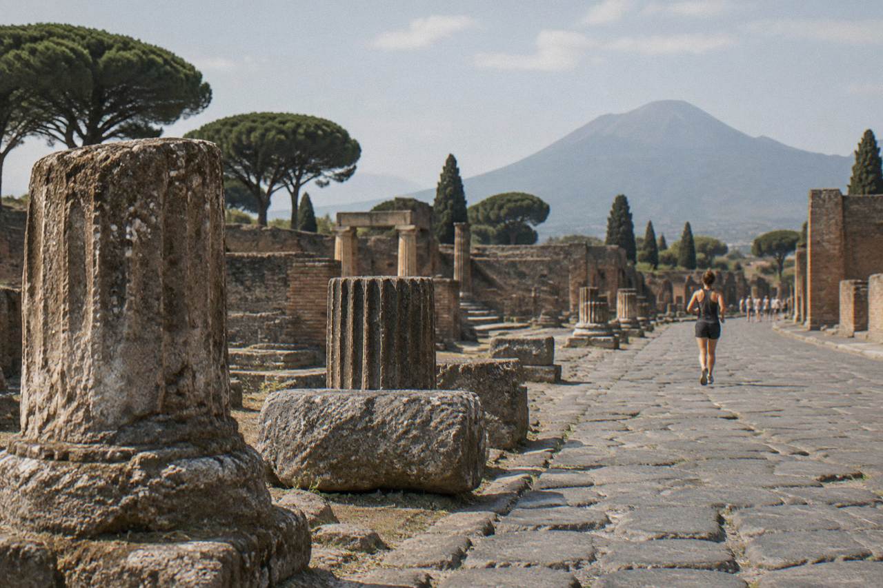 Excavated stone street with ancient walls and Mount Vesuvius in the distance